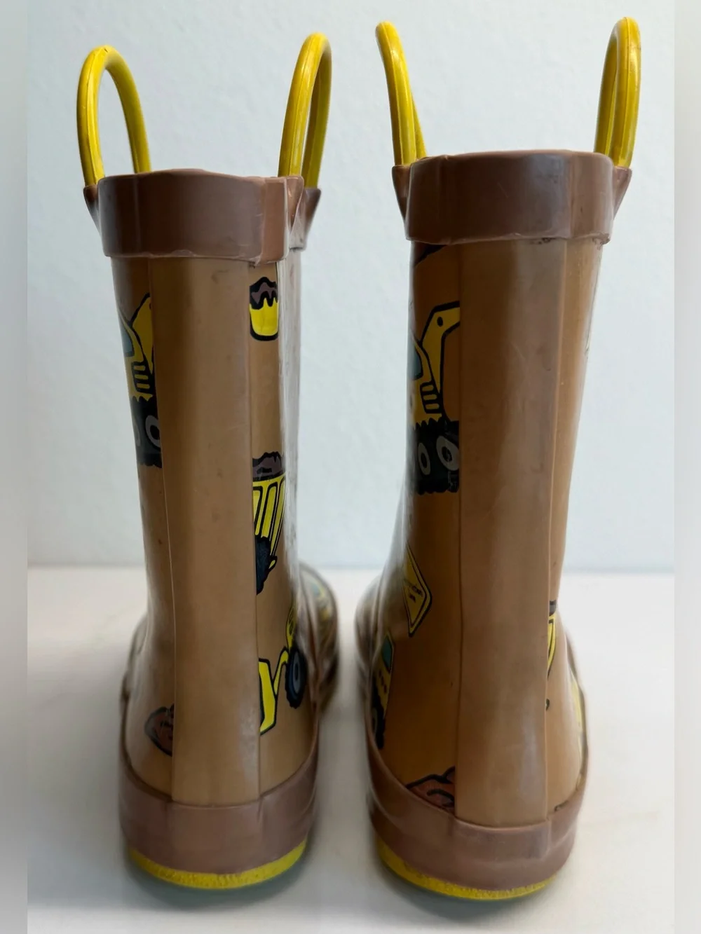Kids Construction Truck Rain Boots Brown Yellow Size 10